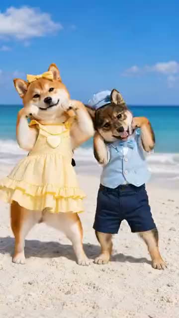 海辺で2匹が踊る