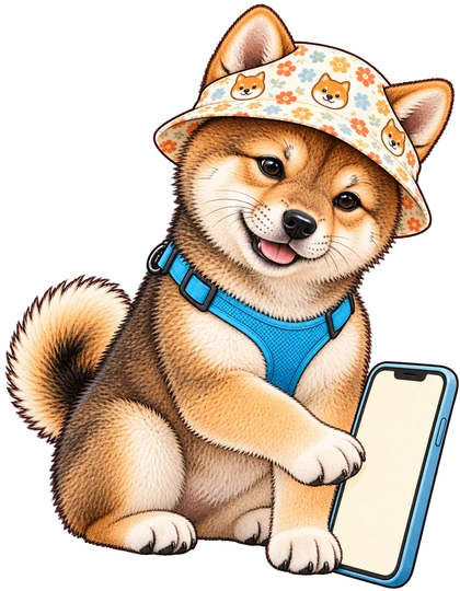 スマホの画面を前足で押している柴犬のぽんず