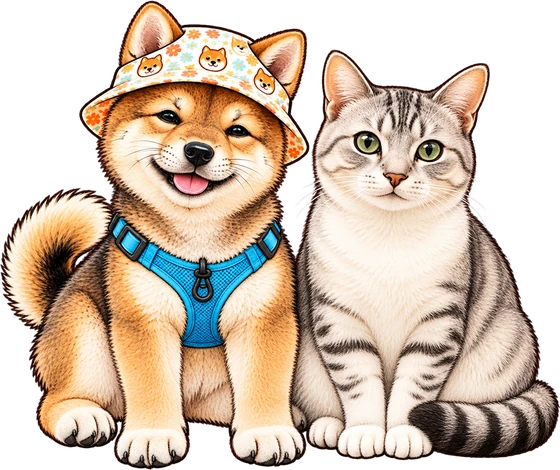 並んで座っている柴犬のぽんずと、銀色のキジトラ猫