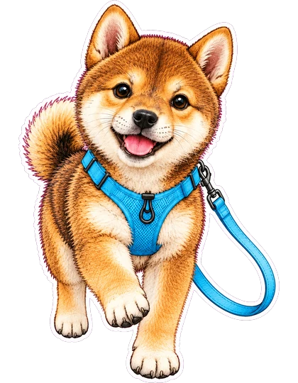 リードをつけて元気に歩いている柴犬のぽんず