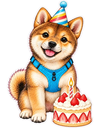 とんがり帽子をかぶって誕生日ケーキの横に座っている柴犬のぽんず