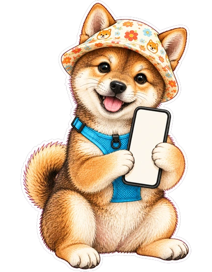 たて向きのスマホを前足で持っている柴犬のぽんず